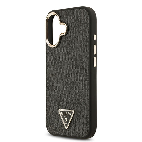Apple iPhone 17 Kılıf Guess Orjinal Lisanslı M-safe Şarj Özellikli Gold Metal Kamera Çerçeveli Taşlı Üçgen Logo 4G Desenli Kapak