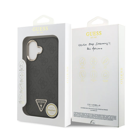 Apple iPhone 17 Kılıf Guess Orjinal Lisanslı M-safe Şarj Özellikli Gold Metal Kamera Çerçeveli Taşlı Üçgen Logo 4G Desenli Kapak