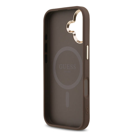 Apple iPhone 17 Kılıf Guess Orjinal Lisanslı M-safe Şarj Özellikli Gold Metal Kamera Çerçeveli Taşlı Üçgen Logo 4G Desenli Kapak