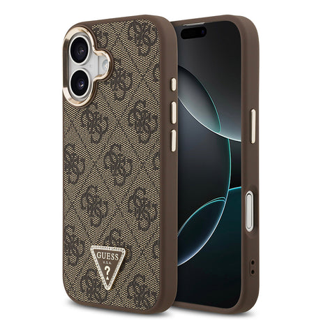 Apple iPhone 17 Kılıf Guess Orjinal Lisanslı M-safe Şarj Özellikli Gold Metal Kamera Çerçeveli Taşlı Üçgen Logo 4G Desenli Kapak