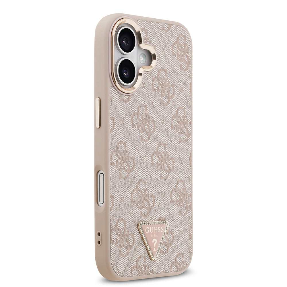 Apple iPhone 17 Kılıf Guess Orjinal Lisanslı M-safe Şarj Özellikli Gold Metal Kamera Çerçeveli Taşlı Üçgen Logo 4G Desenli Kapak
