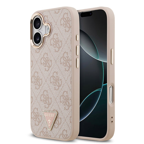 Apple iPhone 17 Kılıf Guess Orjinal Lisanslı M-safe Şarj Özellikli Gold Metal Kamera Çerçeveli Taşlı Üçgen Logo 4G Desenli Kapak