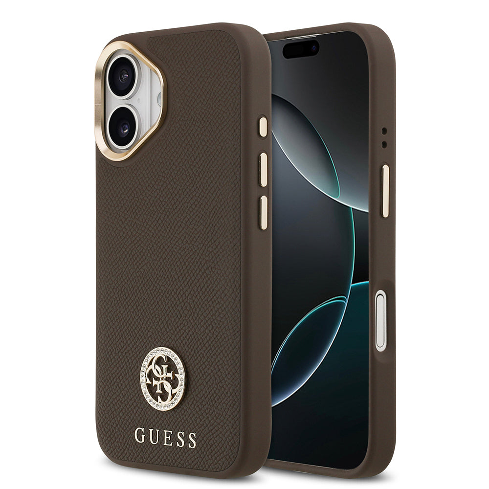 Apple iPhone 17 Kılıf Guess Orjinal Lisanslı M-safe Şarj Özellikli Grained Yazı ve Taşlı 4G Logolu Kapak