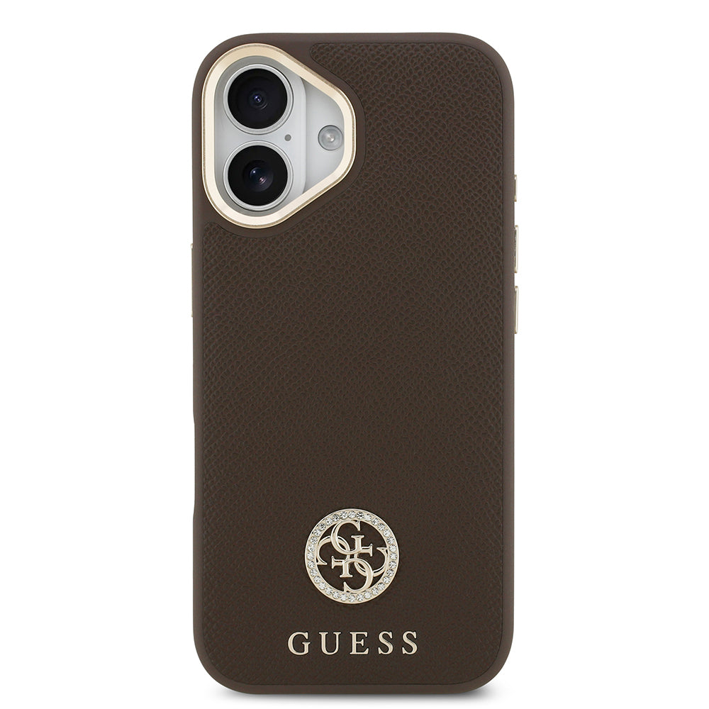 Apple iPhone 17 Kılıf Guess Orjinal Lisanslı M-safe Şarj Özellikli Grained Yazı ve Taşlı 4G Logolu Kapak