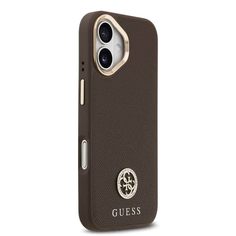 Apple iPhone 17 Kılıf Guess Orjinal Lisanslı M-safe Şarj Özellikli Grained Yazı ve Taşlı 4G Logolu Kapak