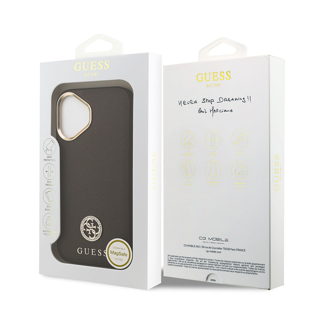 Apple iPhone 17 Kılıf Guess Orjinal Lisanslı M-safe Şarj Özellikli Grained Yazı ve Taşlı 4G Logolu Kapak