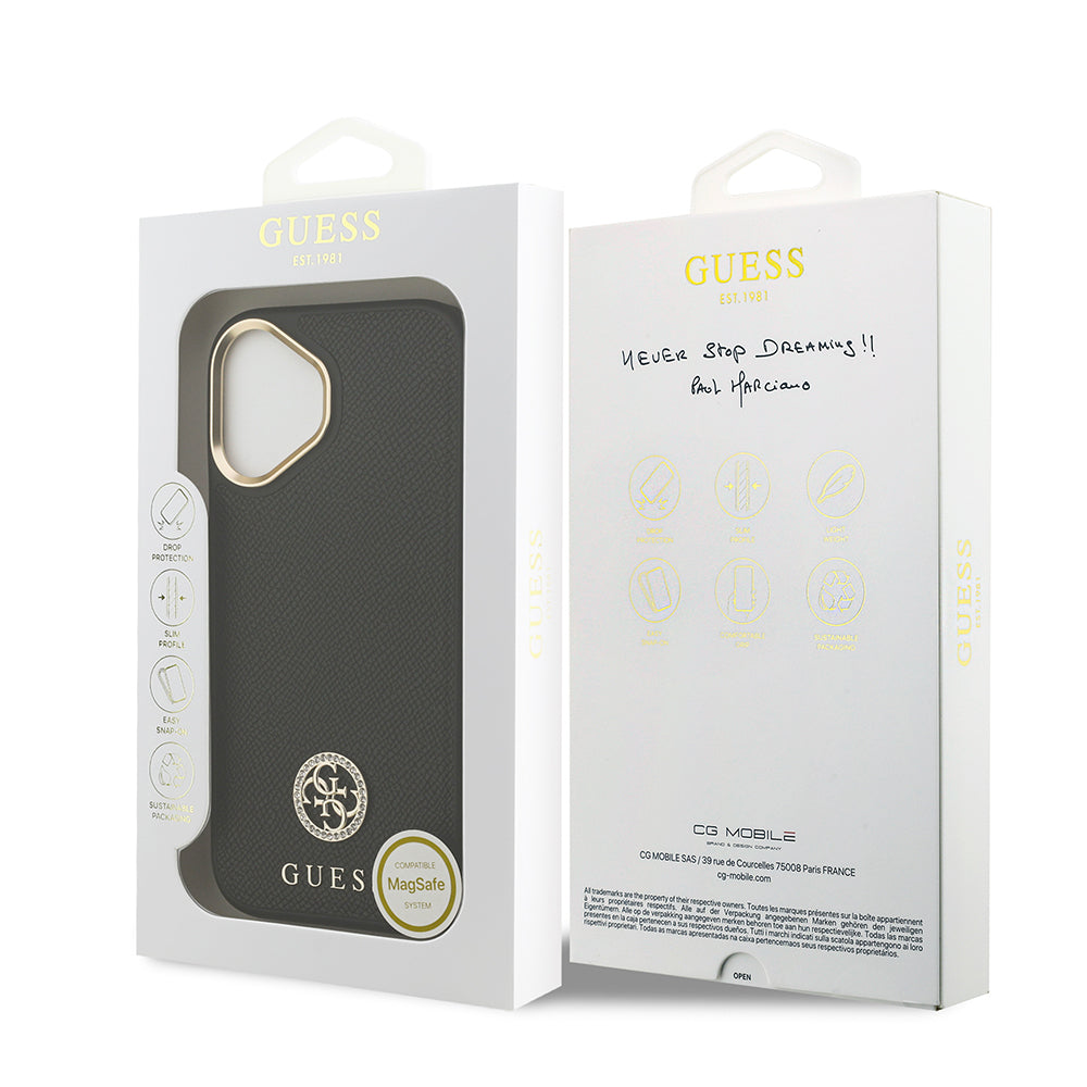 Apple iPhone 17 Kılıf Guess Orjinal Lisanslı M-safe Şarj Özellikli Grained Yazı ve Taşlı 4G Logolu Kapak