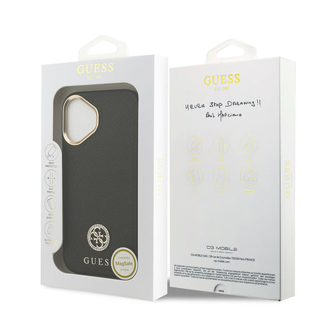 Apple iPhone 17 Kılıf Guess Orjinal Lisanslı M-safe Şarj Özellikli Grained Yazı ve Taşlı 4G Logolu Kapak