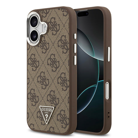 Apple iPhone 17 Kılıf Guess Orjinal Lisanslı M-safe Şarj Özellikli Gümüş Metal Kamera Çerçeveli Üçgen Logo 4G Desenli Kapak