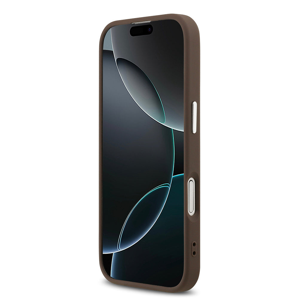 Apple iPhone 17 Kılıf Guess Orjinal Lisanslı M-safe Şarj Özellikli Gümüş Metal Kamera Çerçeveli Üçgen Logo 4G Desenli Kapak