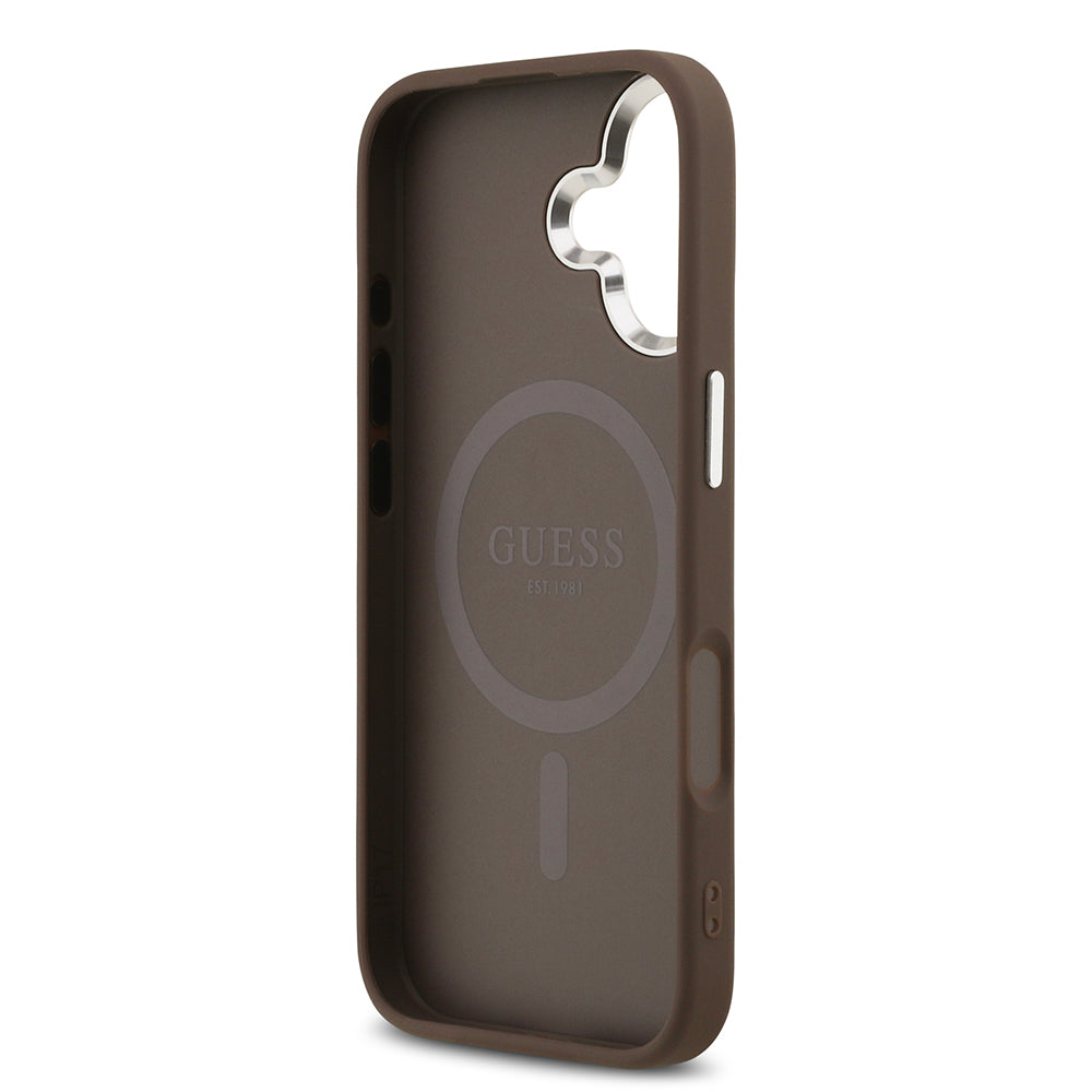 Apple iPhone 17 Kılıf Guess Orjinal Lisanslı M-safe Şarj Özellikli Gümüş Metal Kamera Çerçeveli Üçgen Logo 4G Desenli Kapak