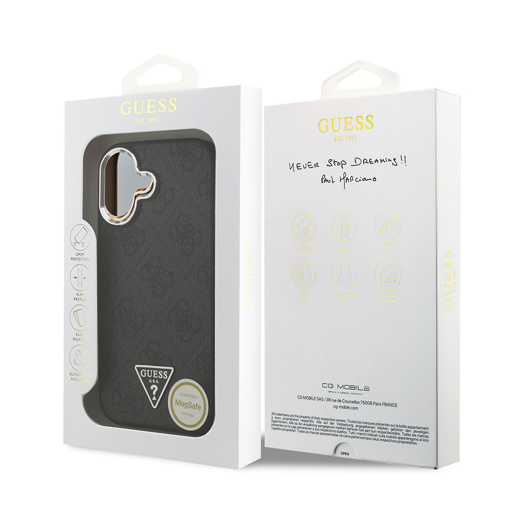 Apple iPhone 17 Kılıf Guess Orjinal Lisanslı M-safe Şarj Özellikli Gümüş Metal Kamera Çerçeveli Üçgen Logo 4G Desenli Kapak