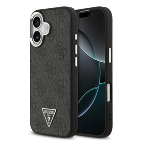 Apple iPhone 17 Kılıf Guess Orjinal Lisanslı M-safe Şarj Özellikli Gümüş Metal Kamera Çerçeveli Üçgen Logo 4G Desenli Kapak
