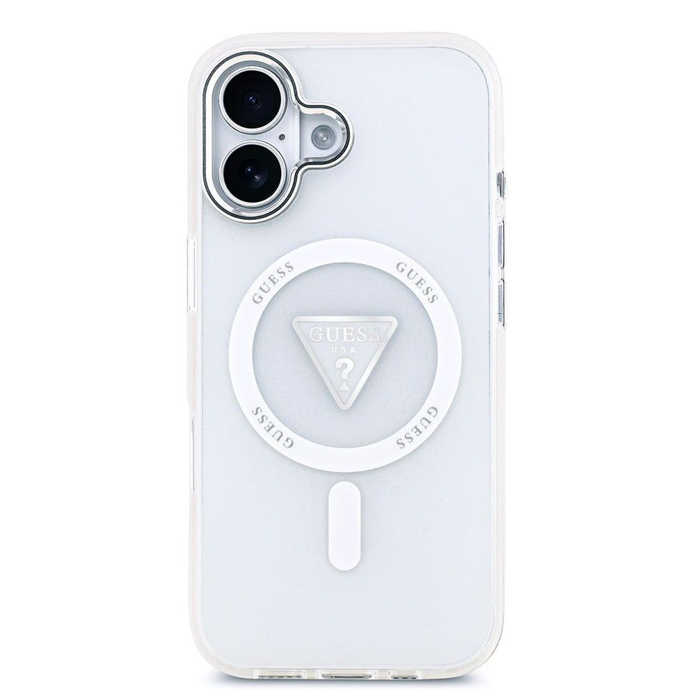 Apple iPhone 17 Kılıf Guess Orjinal Lisanslı M-safe Şarj Özellikli IML Baskılı Üçgen Logolu Metal Kamera Çerçeveli Kapak