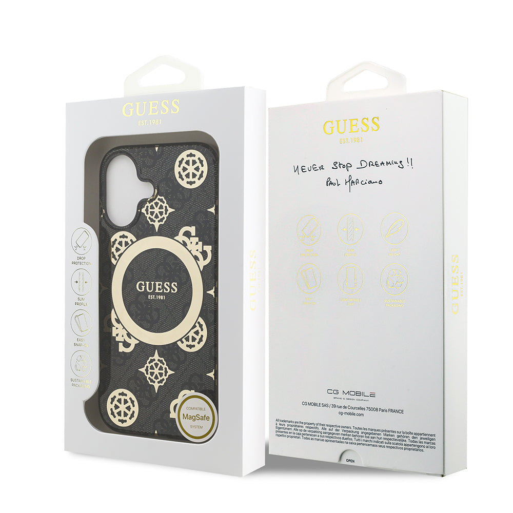 Apple iPhone 17 Kılıf Guess Orjinal Lisanslı M-safe Şarj Özellikli IML Peony ve 4G Desenli Klasik Logolu Kapak