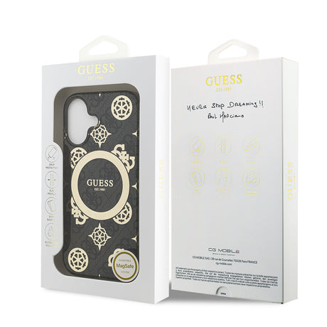 Apple iPhone 17 Kılıf Guess Orjinal Lisanslı M-safe Şarj Özellikli IML Peony ve 4G Desenli Klasik Logolu Kapak