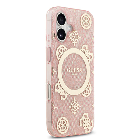 Apple iPhone 17 Kılıf Guess Orjinal Lisanslı M-safe Şarj Özellikli IML Peony ve 4G Desenli Klasik Logolu Kapak