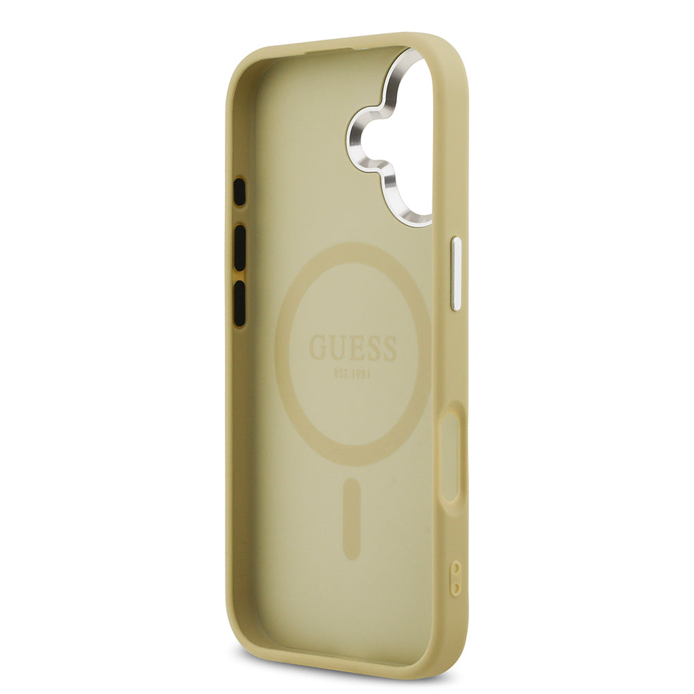 Apple iPhone 17 Kılıf Guess Orjinal Lisanslı M-safe Şarj Özellikli Metal Kamera Çerçeveli Üçgen Logolu Glitter Kapak