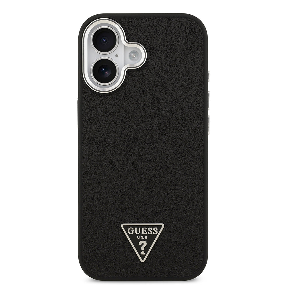Apple iPhone 17 Kılıf Guess Orjinal Lisanslı M-safe Şarj Özellikli Metal Kamera Çerçeveli Üçgen Logolu Glitter Kapak