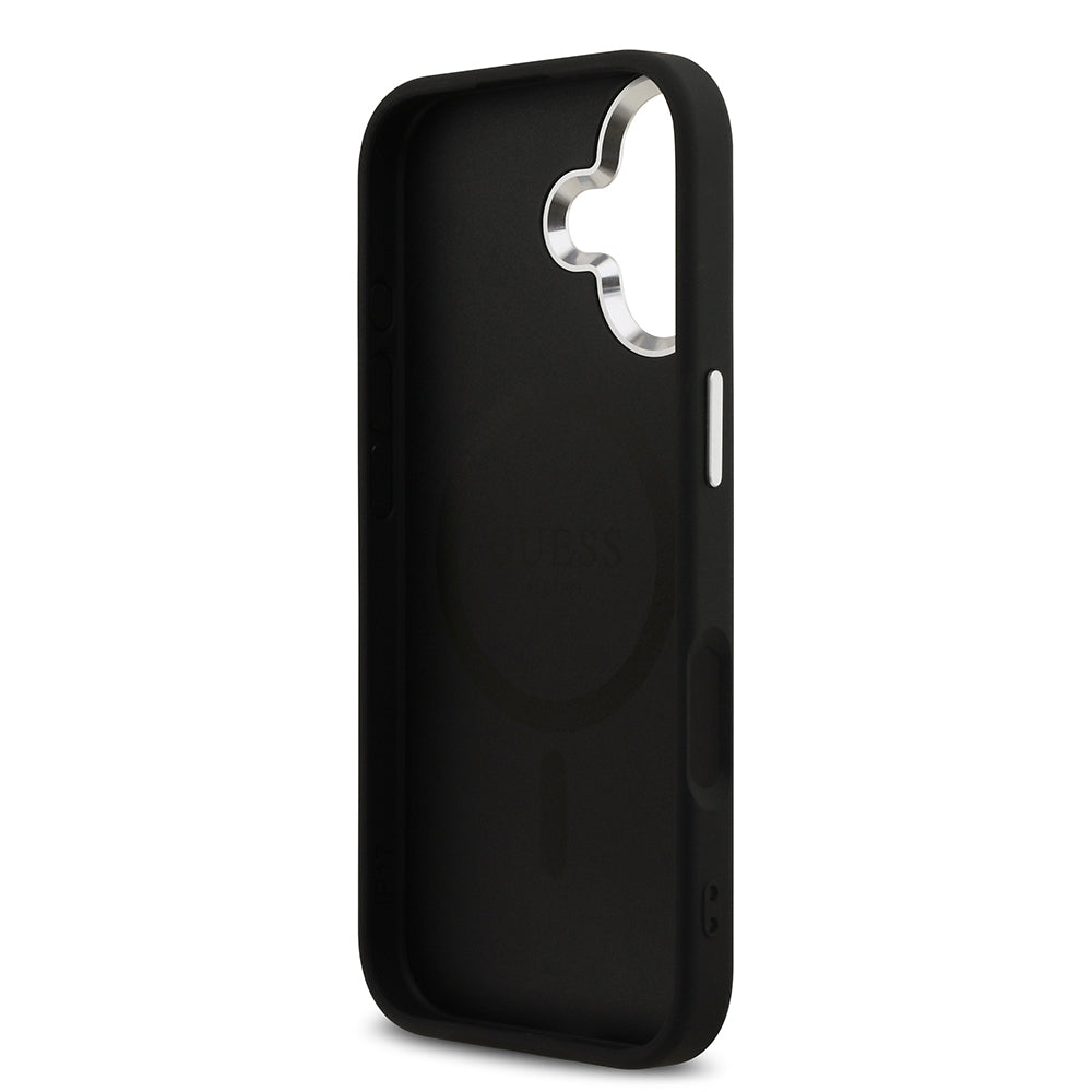Apple iPhone 17 Kılıf Guess Orjinal Lisanslı M-safe Şarj Özellikli Metal Kamera Çerçeveli Üçgen Logolu Glitter Kapak