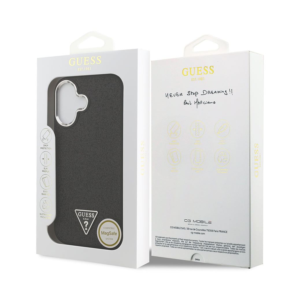 Apple iPhone 17 Kılıf Guess Orjinal Lisanslı M-safe Şarj Özellikli Metal Kamera Çerçeveli Üçgen Logolu Glitter Kapak