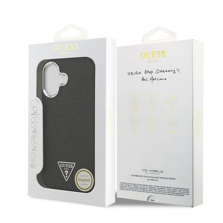 Apple iPhone 17 Kılıf Guess Orjinal Lisanslı M-safe Şarj Özellikli Metal Kamera Çerçeveli Üçgen Logolu Glitter Kapak