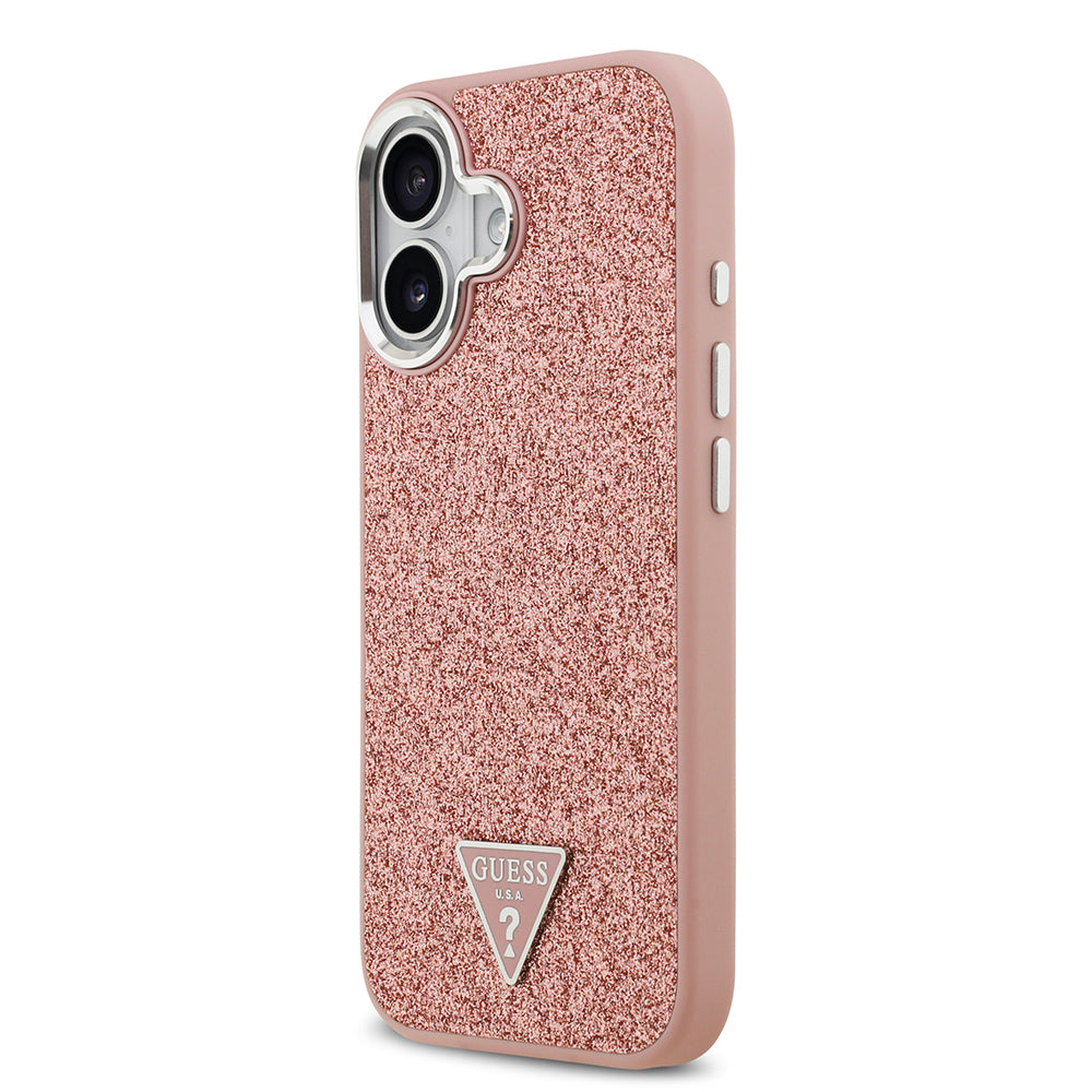 Apple iPhone 17 Kılıf Guess Orjinal Lisanslı M-safe Şarj Özellikli Metal Kamera Çerçeveli Üçgen Logolu Glitter Kapak
