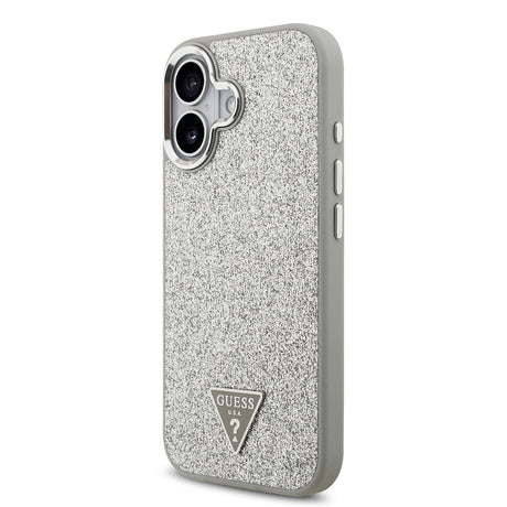 Apple iPhone 17 Kılıf Guess Orjinal Lisanslı M-safe Şarj Özellikli Metal Kamera Çerçeveli Üçgen Logolu Glitter Kapak