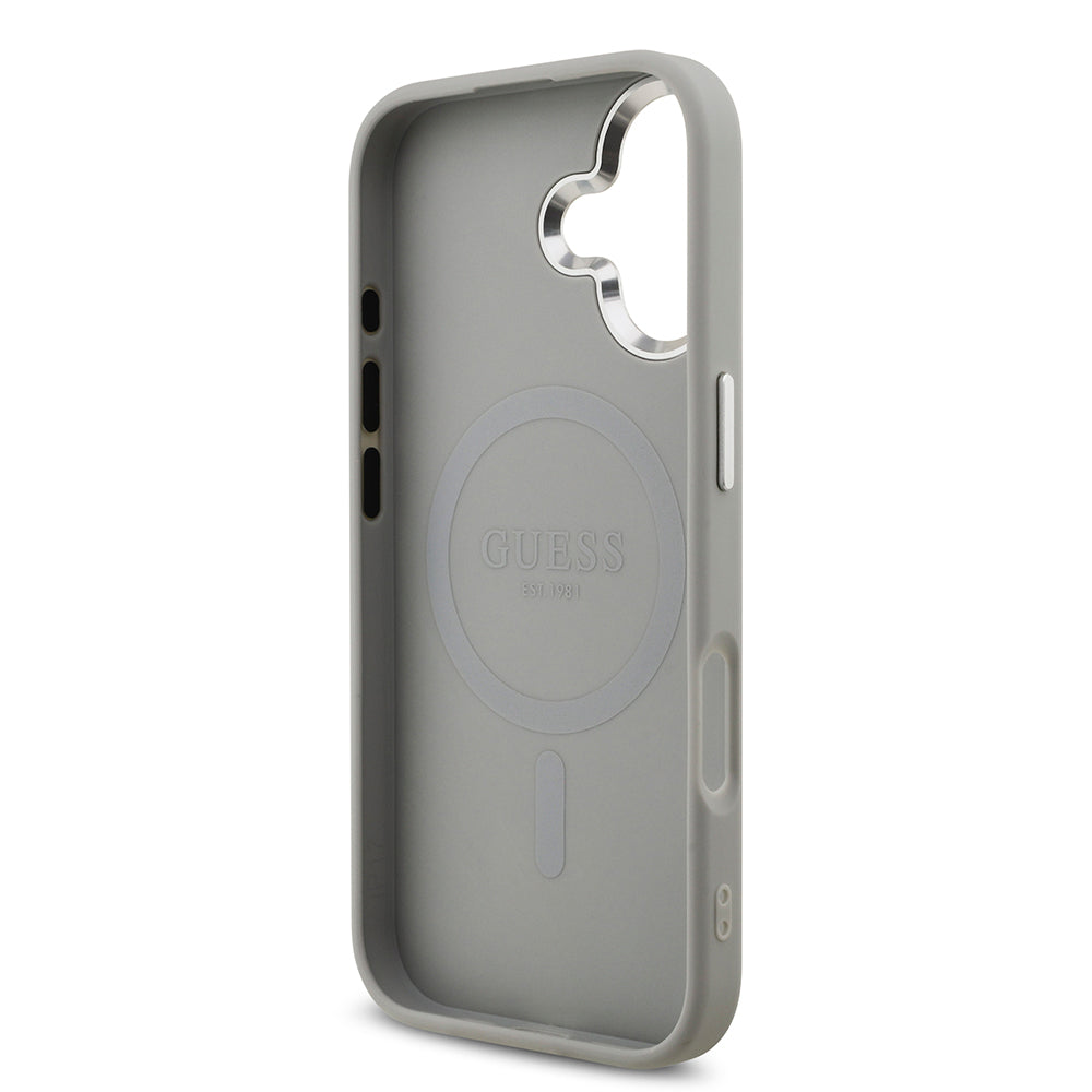 Apple iPhone 17 Kılıf Guess Orjinal Lisanslı M-safe Şarj Özellikli Metal Kamera Çerçeveli Üçgen Logolu Glitter Kapak