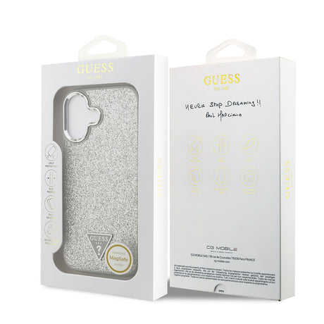 Apple iPhone 17 Kılıf Guess Orjinal Lisanslı M-safe Şarj Özellikli Metal Kamera Çerçeveli Üçgen Logolu Glitter Kapak