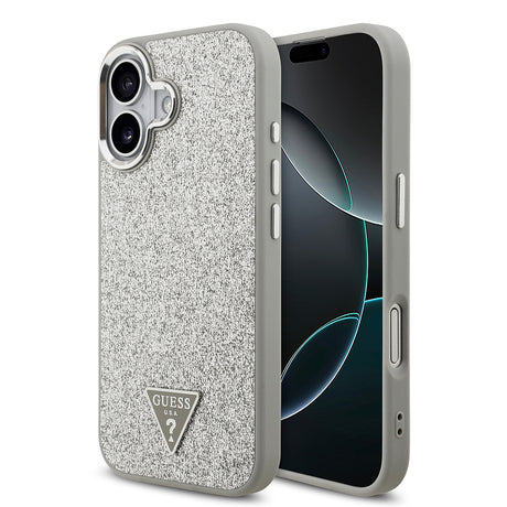 Apple iPhone 17 Kılıf Guess Orjinal Lisanslı M-safe Şarj Özellikli Metal Kamera Çerçeveli Üçgen Logolu Glitter Kapak