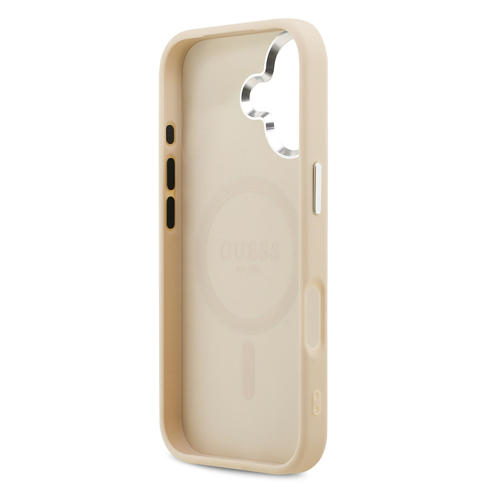 Apple iPhone 17 Kılıf Guess Orjinal Lisanslı M-safe Şarj Özellikli Sıcak Baskılı Klasik Yazı Logolu PU Deri Peony Kapak
