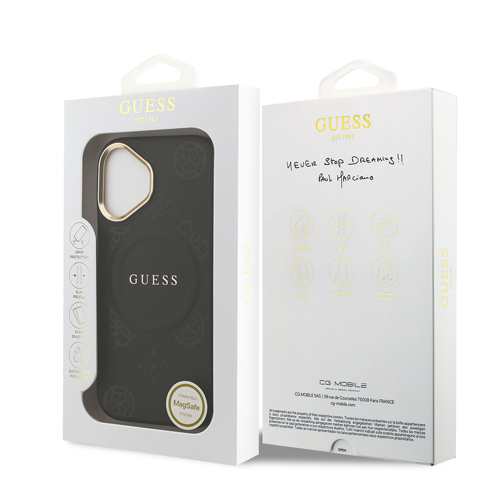 Apple iPhone 17 Kılıf Guess Orjinal Lisanslı M-safe Şarj Özellikli Sıcak Baskılı Yazı Logolu PU Deri Peony Kapak