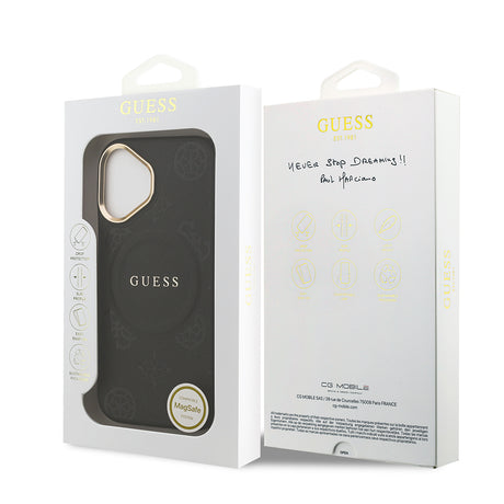 Apple iPhone 17 Kılıf Guess Orjinal Lisanslı M-safe Şarj Özellikli Sıcak Baskılı Yazı Logolu PU Deri Peony Kapak