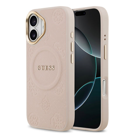 Apple iPhone 17 Kılıf Guess Orjinal Lisanslı M-safe Şarj Özellikli Sıcak Baskılı Yazı Logolu PU Deri Peony Kapak