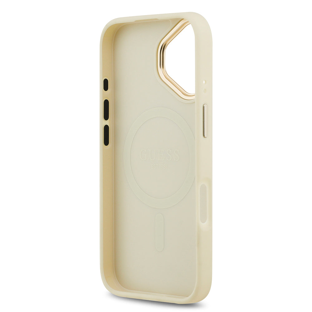Apple iPhone 17 Kılıf Guess Orjinal Lisanslı M-safe Şarj Özellikli Sıcak Baskılı Yazı Logolu PU Deri Peony Kapak