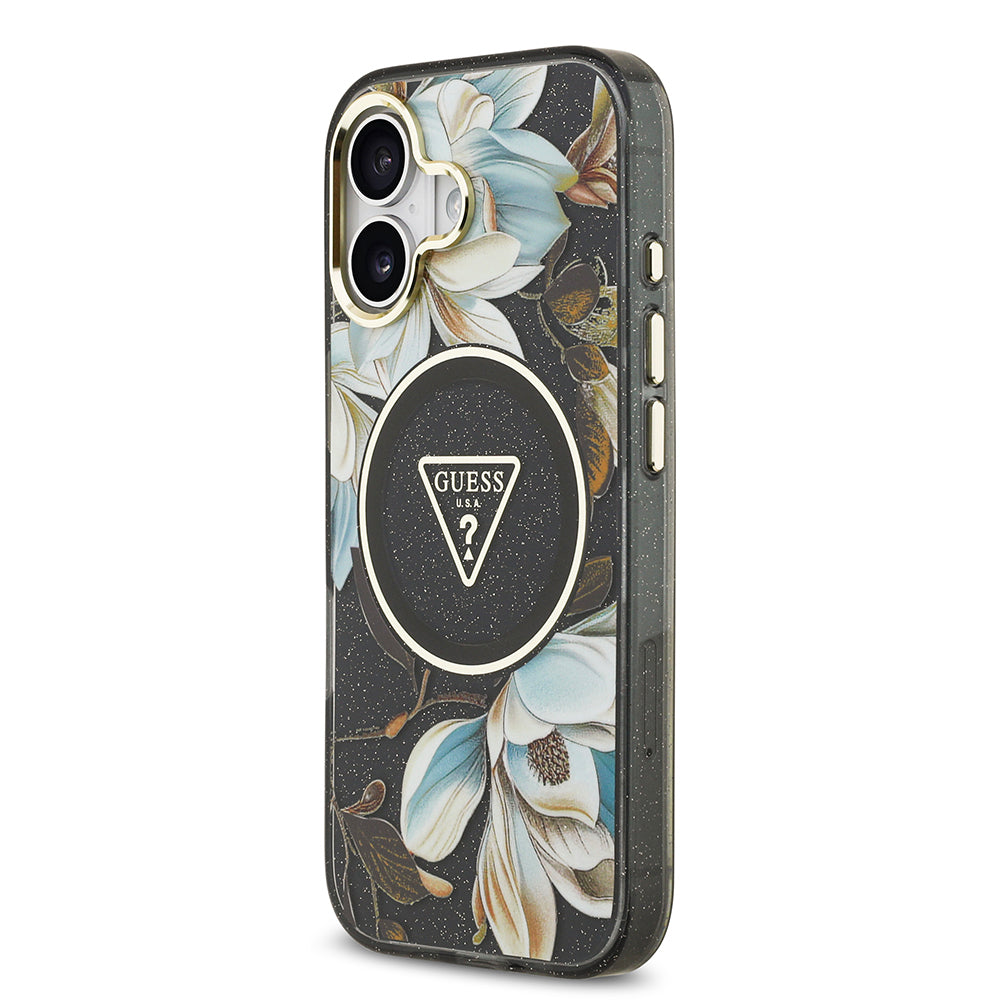Apple iPhone 17 Kılıf Guess Orjinal Lisanslı M-safe Şarj Özellikli Simli Çiçek Desenli Metal Kamera Çerçeveli Üçgen Logolu Kapak