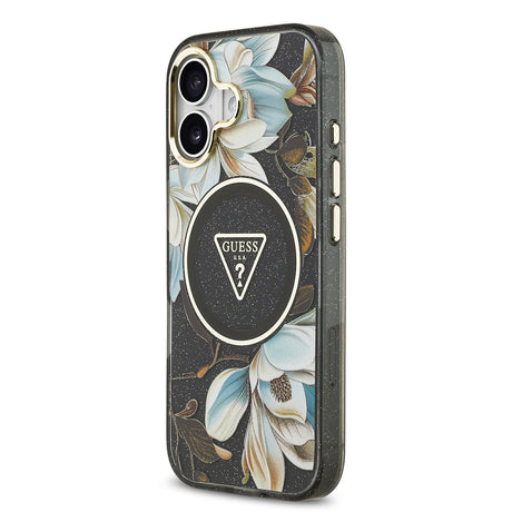 Apple iPhone 17 Kılıf Guess Orjinal Lisanslı M-safe Şarj Özellikli Simli Çiçek Desenli Metal Kamera Çerçeveli Üçgen Logolu Kapak