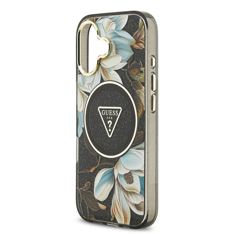 Apple iPhone 17 Kılıf Guess Orjinal Lisanslı M-safe Şarj Özellikli Simli Çiçek Desenli Metal Kamera Çerçeveli Üçgen Logolu Kapak