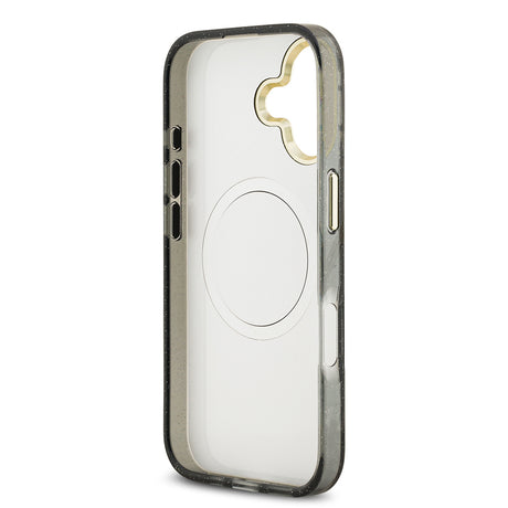Apple iPhone 17 Kılıf Guess Orjinal Lisanslı M-safe Şarj Özellikli Simli Çiçek Desenli Metal Kamera Çerçeveli Üçgen Logolu Kapak