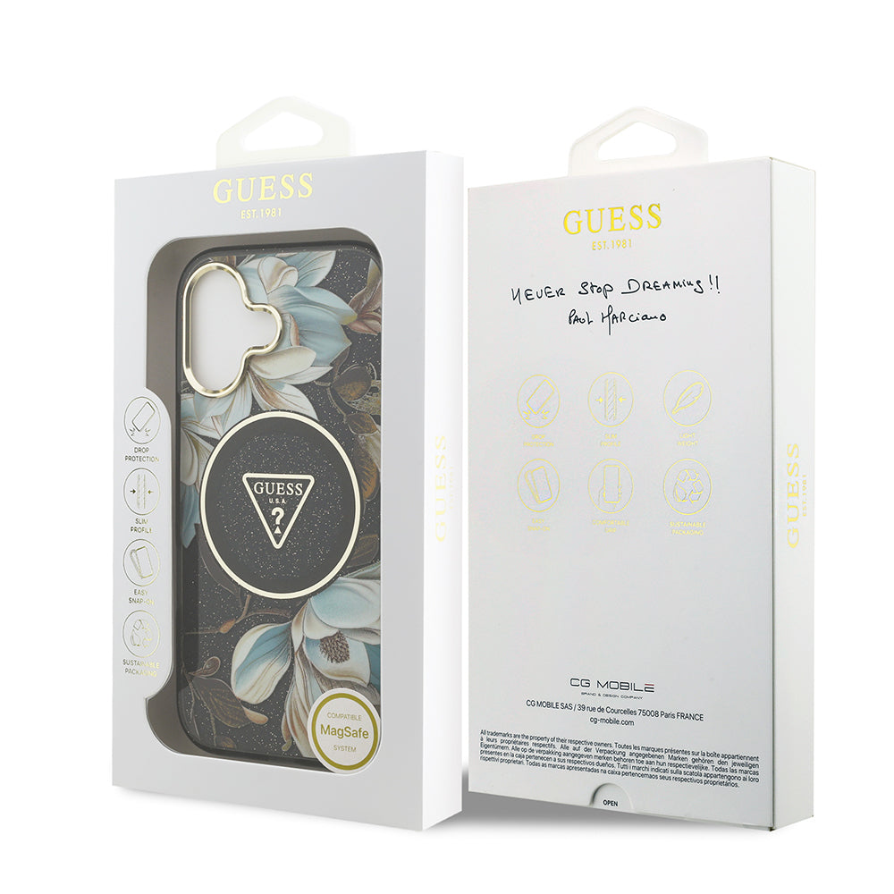 Apple iPhone 17 Kılıf Guess Orjinal Lisanslı M-safe Şarj Özellikli Simli Çiçek Desenli Metal Kamera Çerçeveli Üçgen Logolu Kapak
