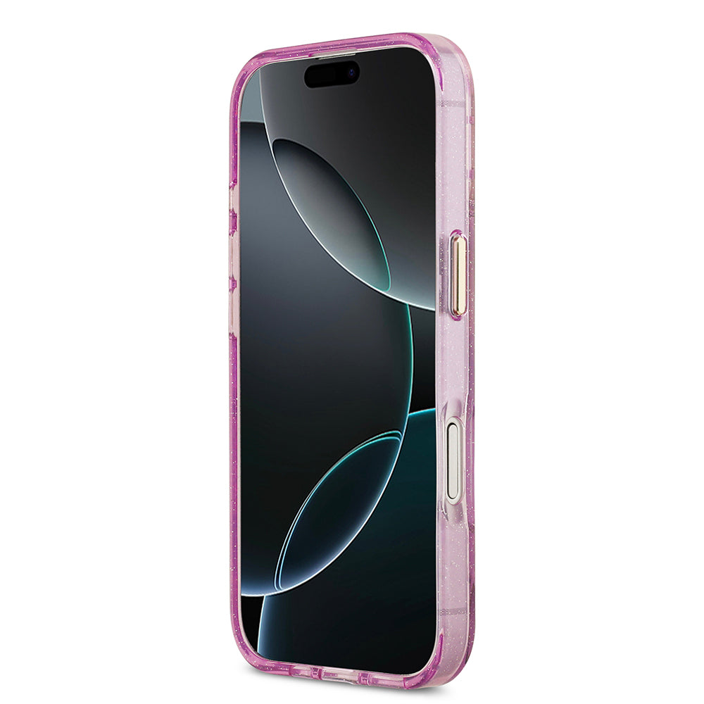 Apple iPhone 17 Kılıf Guess Orjinal Lisanslı M-safe Şarj Özellikli Simli Çiçek Desenli Metal Kamera Çerçeveli Üçgen Logolu Kapak