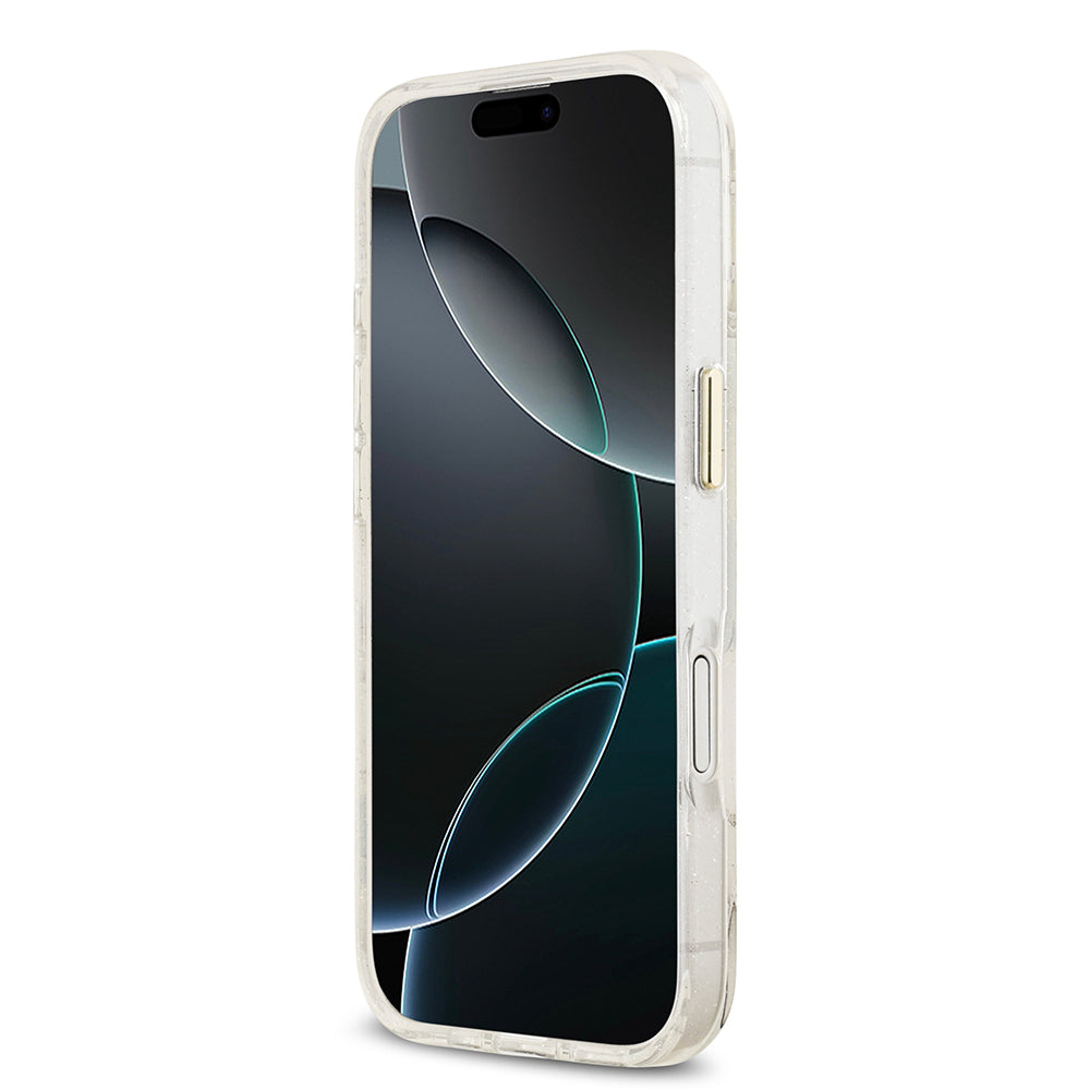 Apple iPhone 17 Kılıf Guess Orjinal Lisanslı M-safe Şarj Özellikli Simli Çiçek Desenli Metal Kamera Çerçeveli Üçgen Logolu Kapak