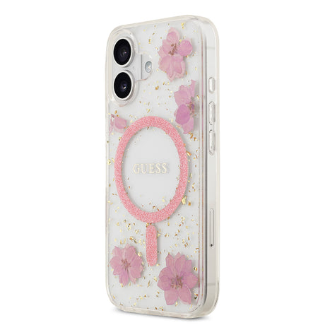 Apple iPhone 17 Kılıf Guess Orjinal Lisanslı M-safe Şarj Özellikli Transparan Resin Flowers Kapak