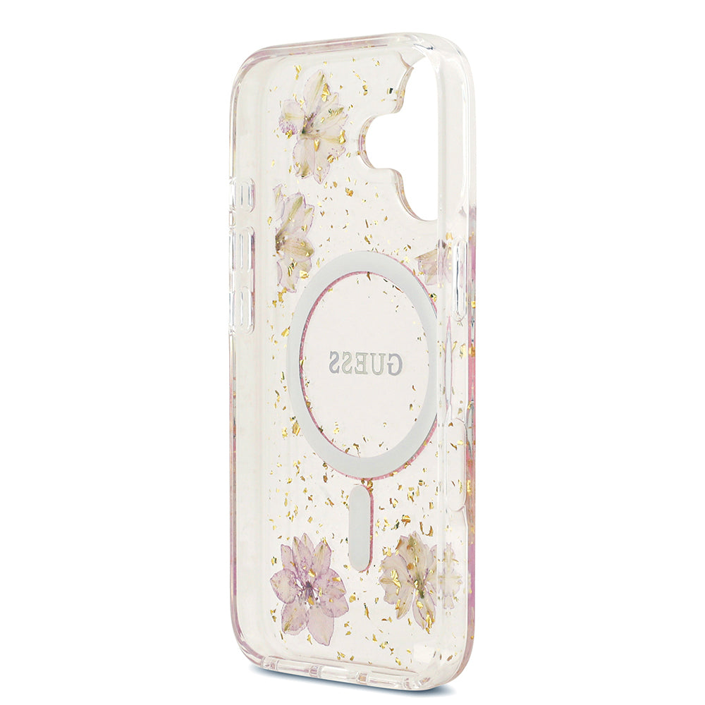 Apple iPhone 17 Kılıf Guess Orjinal Lisanslı M-safe Şarj Özellikli Transparan Resin Flowers Kapak