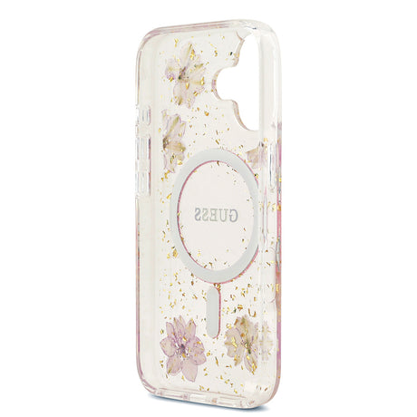 Apple iPhone 17 Kılıf Guess Orjinal Lisanslı M-safe Şarj Özellikli Transparan Resin Flowers Kapak