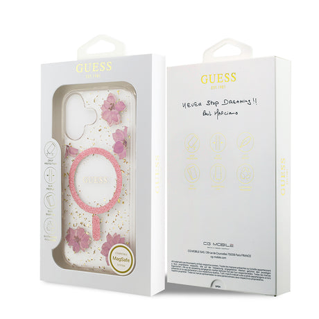 Apple iPhone 17 Kılıf Guess Orjinal Lisanslı M-safe Şarj Özellikli Transparan Resin Flowers Kapak