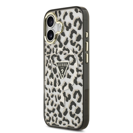 Apple iPhone 17 Kılıf Guess Orjinal Lisanslı M-safe Şarj Özellikli Üçgen Logolu Simli Leopar Desenli Kapak