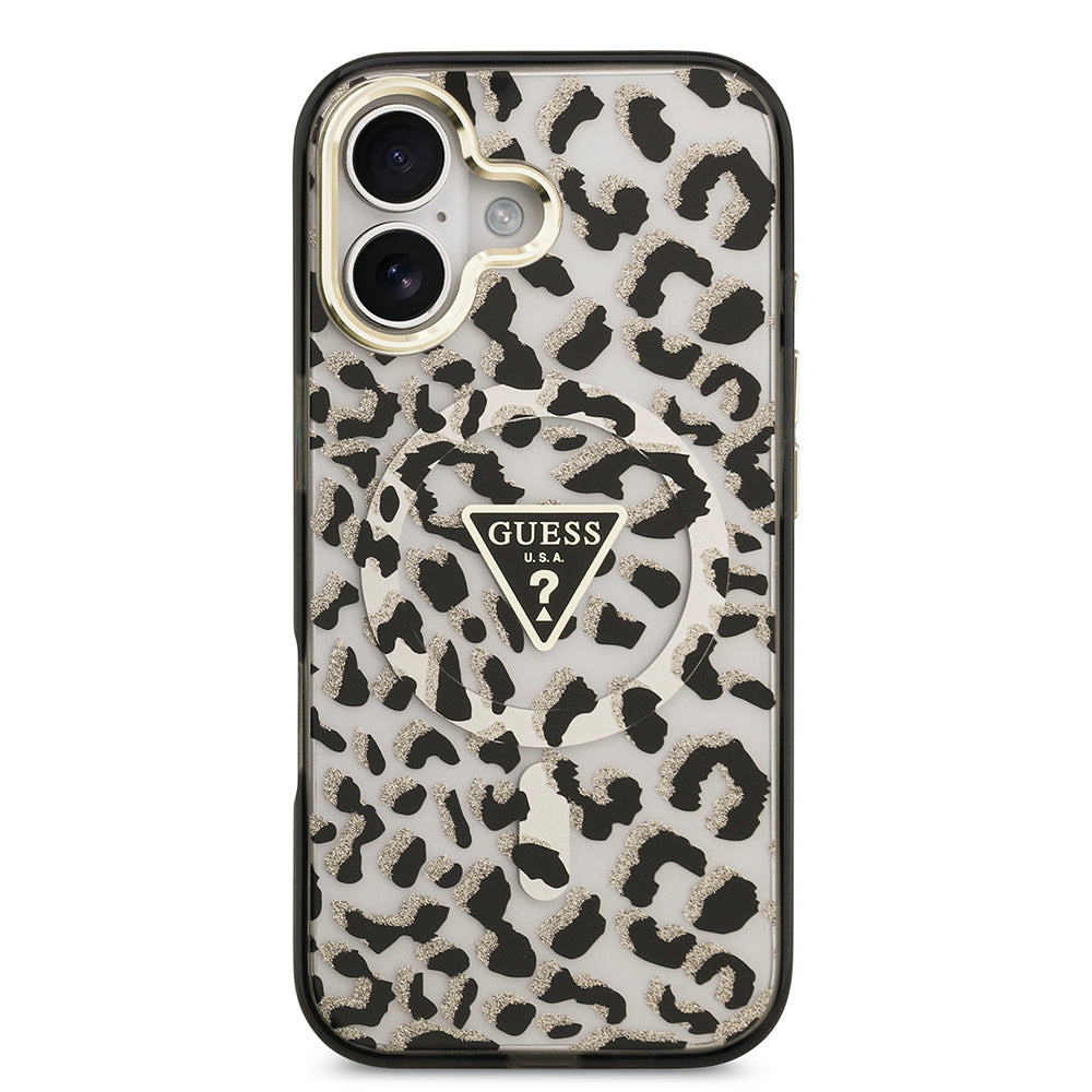 Apple iPhone 17 Kılıf Guess Orjinal Lisanslı M-safe Şarj Özellikli Üçgen Logolu Simli Leopar Desenli Kapak