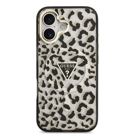 Apple iPhone 17 Kılıf Guess Orjinal Lisanslı M-safe Şarj Özellikli Üçgen Logolu Simli Leopar Desenli Kapak